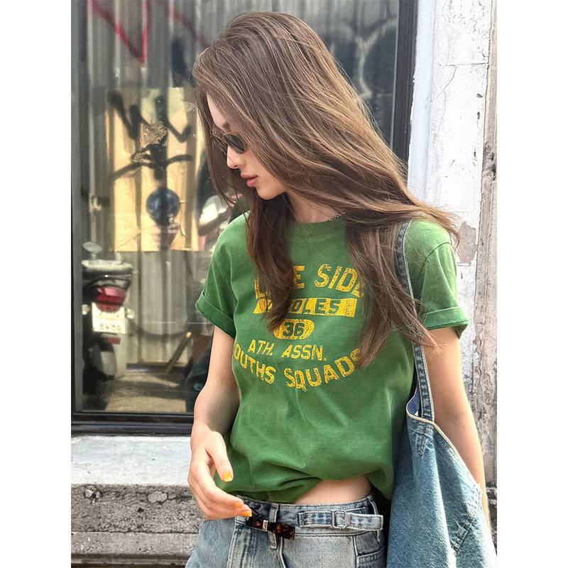 Fiery Green Vintage Short T-Shirt for Women, New Retro Print American Style Casual Loose Slimming Versatile Top