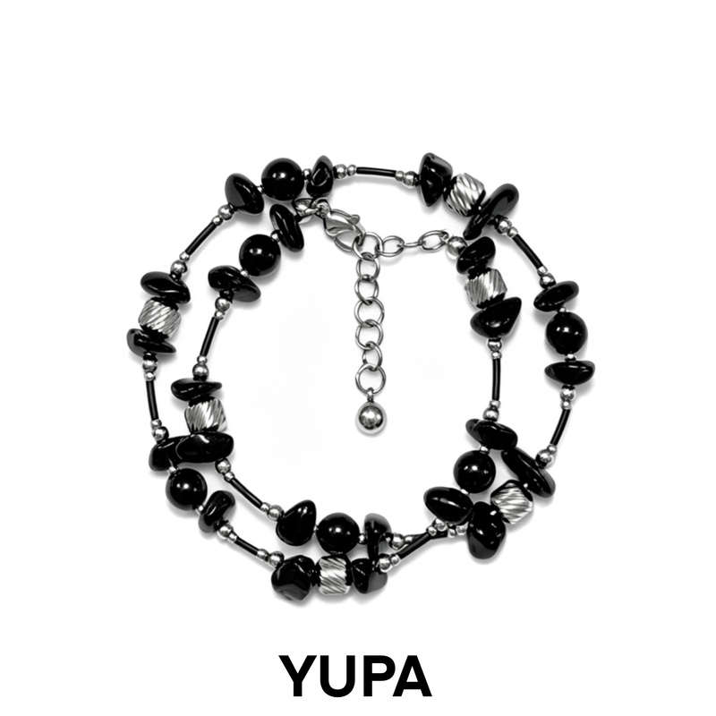 Yupa 【Celebrity Style】Natural Obsidian Crushed Stone Black Agate Beads Titanium Steel Double Layer Bracelet