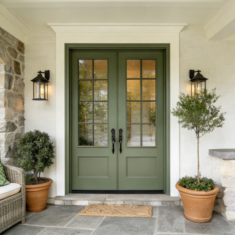 French-Style Entrance Door for Villa, Rural Self-Built House, European-Style Glass Door, Double-Door Entryway, Vintage Green Cast Aluminum