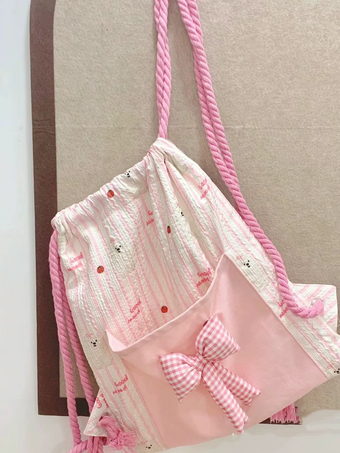 Cartoon backpack with bow, capacious storage bag, drawstring