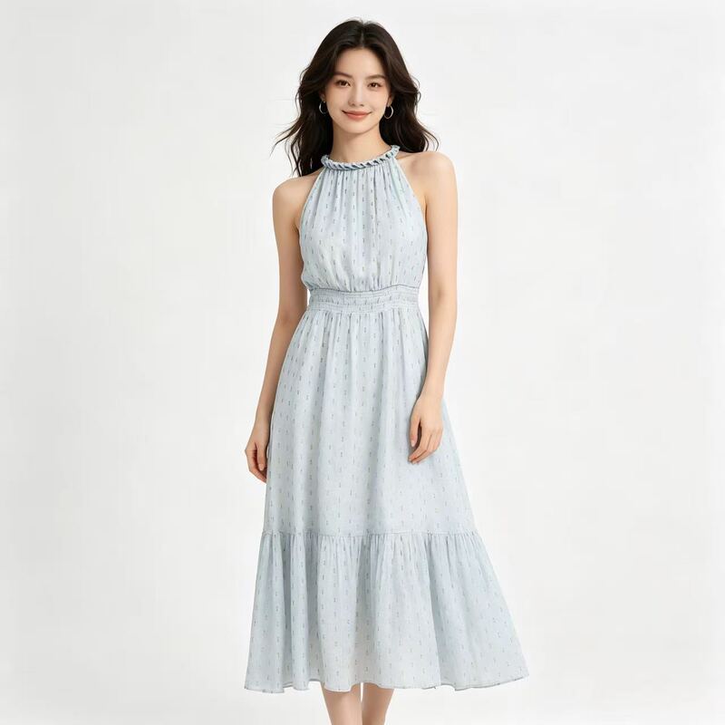 The Same Style as the 2026 Summer New Elegant and Romantic Style Bright Silk Gradient Print Long Dress with Halter Neck and Waist-Cinching Design for Women