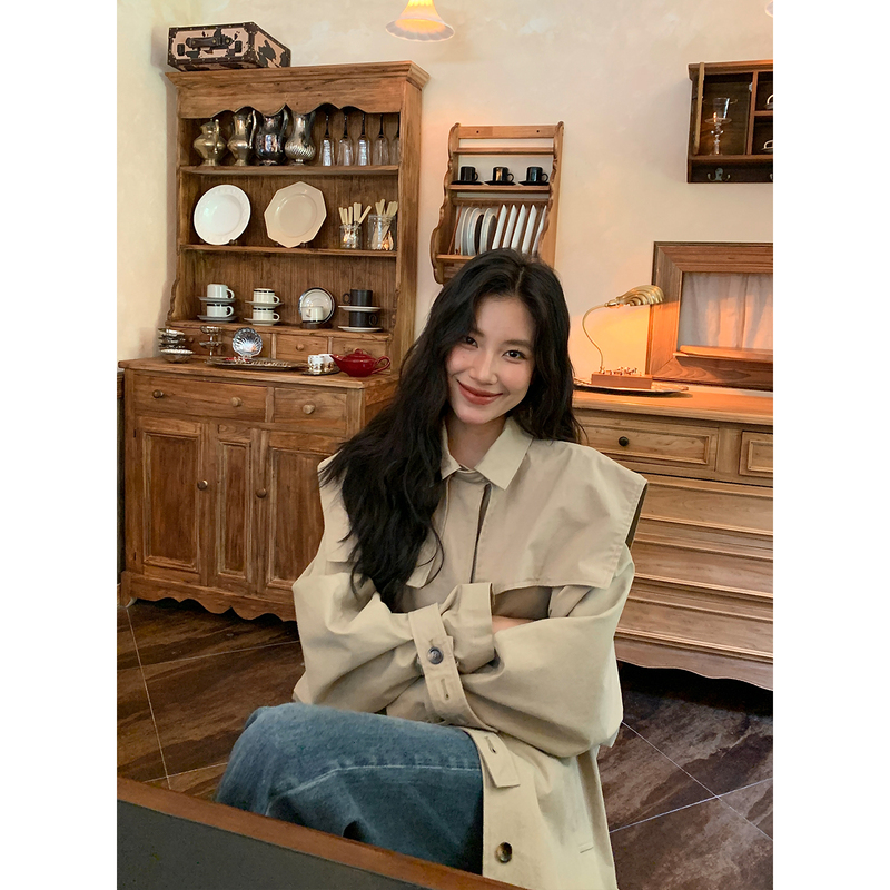 Daqianwithu Detachable Collar Silhouette Khaki Trench Coat Mid-Length Casual Jacket