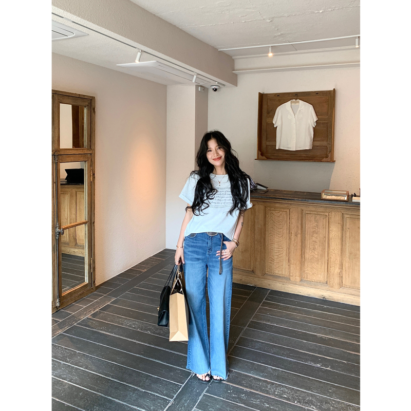 Daqianwithu Stretchy Straight Loose Embroidered Jeans Slimming High-Waisted Horsehair Whiskered Wide-Leg Pants