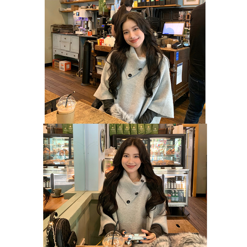 Daqianwithu Slanted Collar Design Buttoned Color-Blocked Cape Soft and Skin-Friendly Wool Pullover Sweater