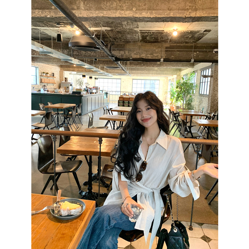 Daqianwithu Striped Loose Casual Shirt with Tie Waist for Women, High-Fashion Design Straight Shirt Daqianwithu Striped Loose Casual Shirt with Tie Waist for Women, High-Fashion Design Straight Shirt
