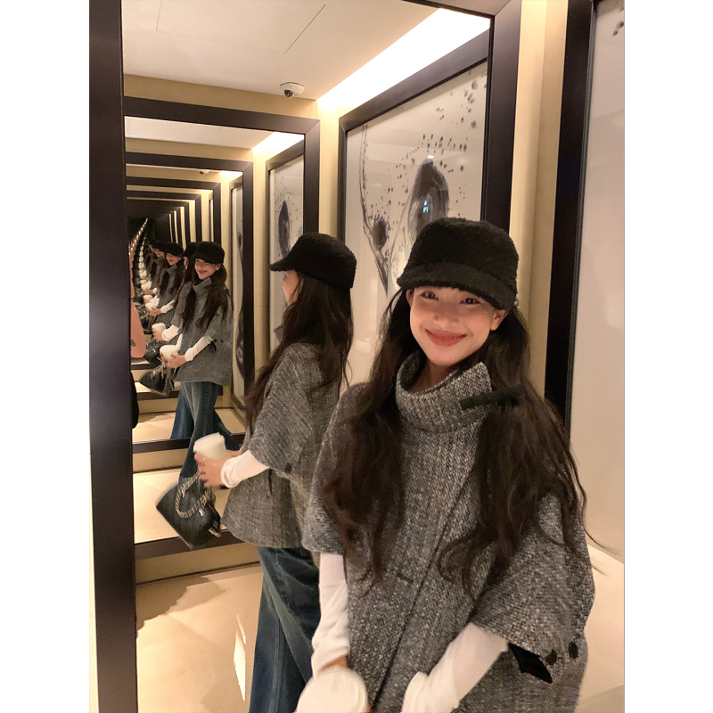 Daqianwithu Small Stand-Up Collar Mid-Sleeve Versatile Multicolored Wool Tweed Loose Cape Coat