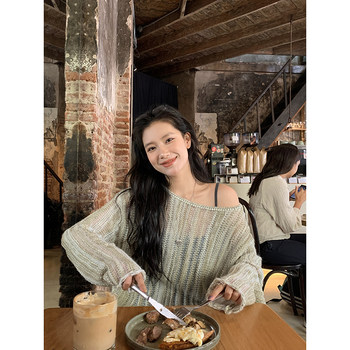 Daqianwithu retro wool hollow top women 2025 striped thin korean style lazy sweater women