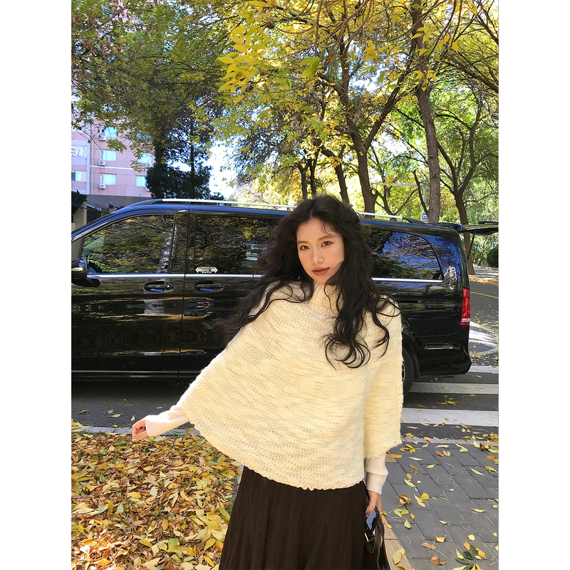 Daqianwithu Solid Color Long-Sleeved Shawl Cape Sweater for Women Early Spring Warm Pullover Top