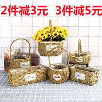 Straw flower pot rattan flower pot Wicker flower basket creative weaving pastoral green flower pot flower arrangement flower basket rattan portable