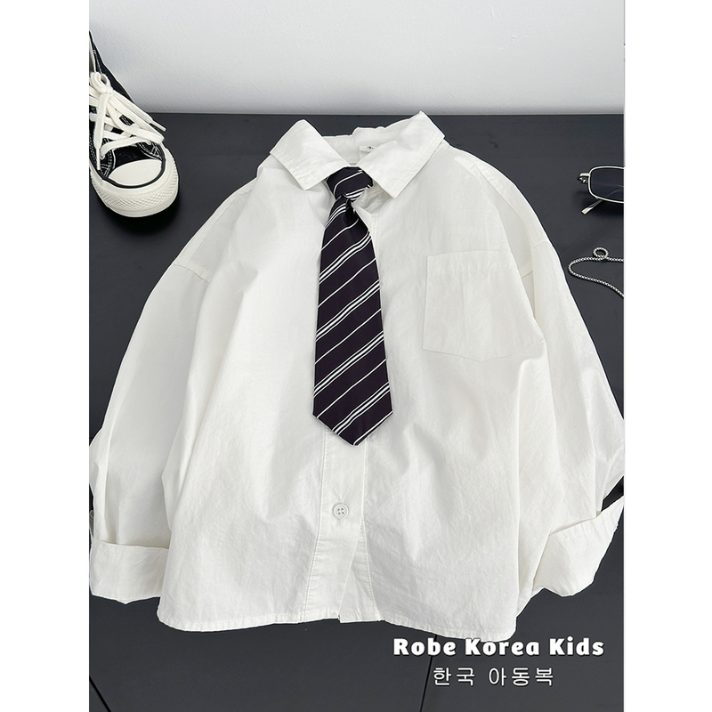 Robe Korean Children's Clothing, Older Children's Shirts, Spring and Autumn School Style Long-Sleeved Tops with Tie, Boys' White Shirts