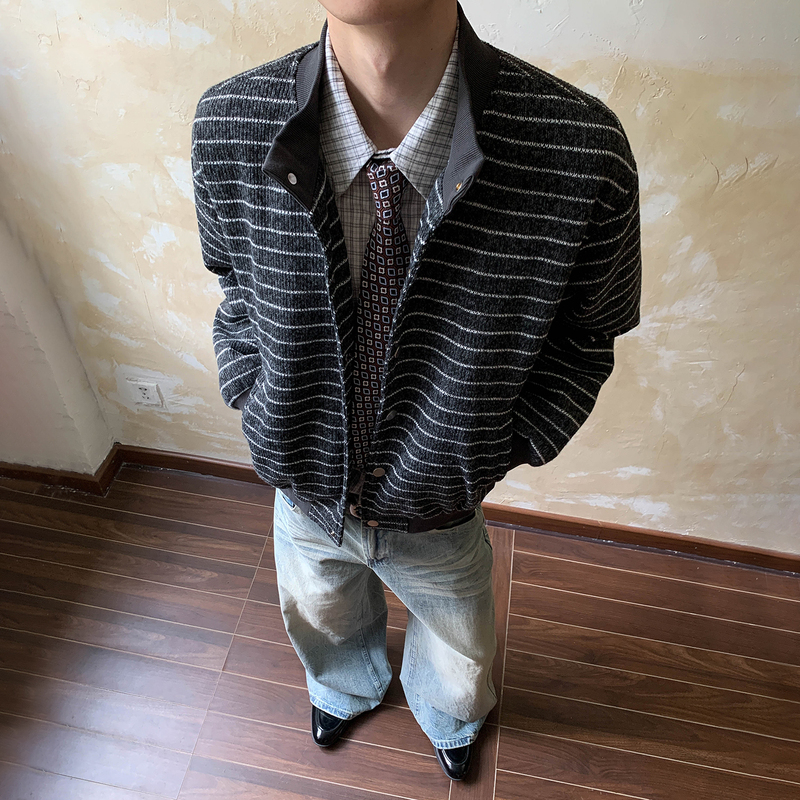 Oalin American Retro Striped Baseball Collar Knit Jacket for Men and Women, Autumn Boxy Fit Loose Versatile Coat Oalin American Retro Striped Baseball Collar Knit Jacket for Men and Women, Autumn Boxy Fit Loose Versatile Coat