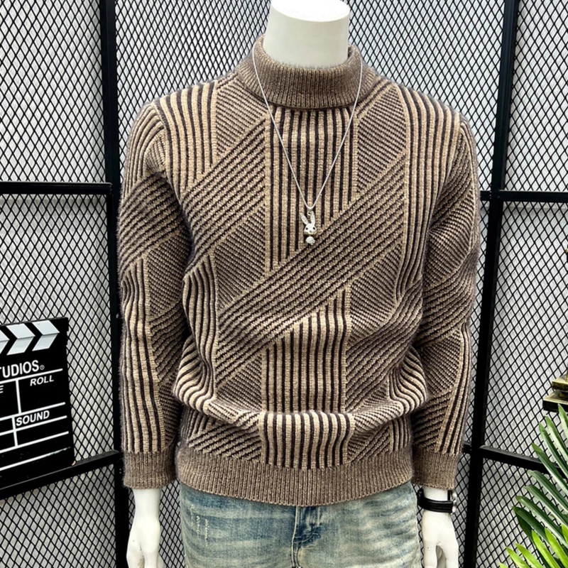 Autumn New Geometric Striped Half-Turtleneck Sweater for Men, Thickened Warm Knit Pullover, Loose Fit Base Layer