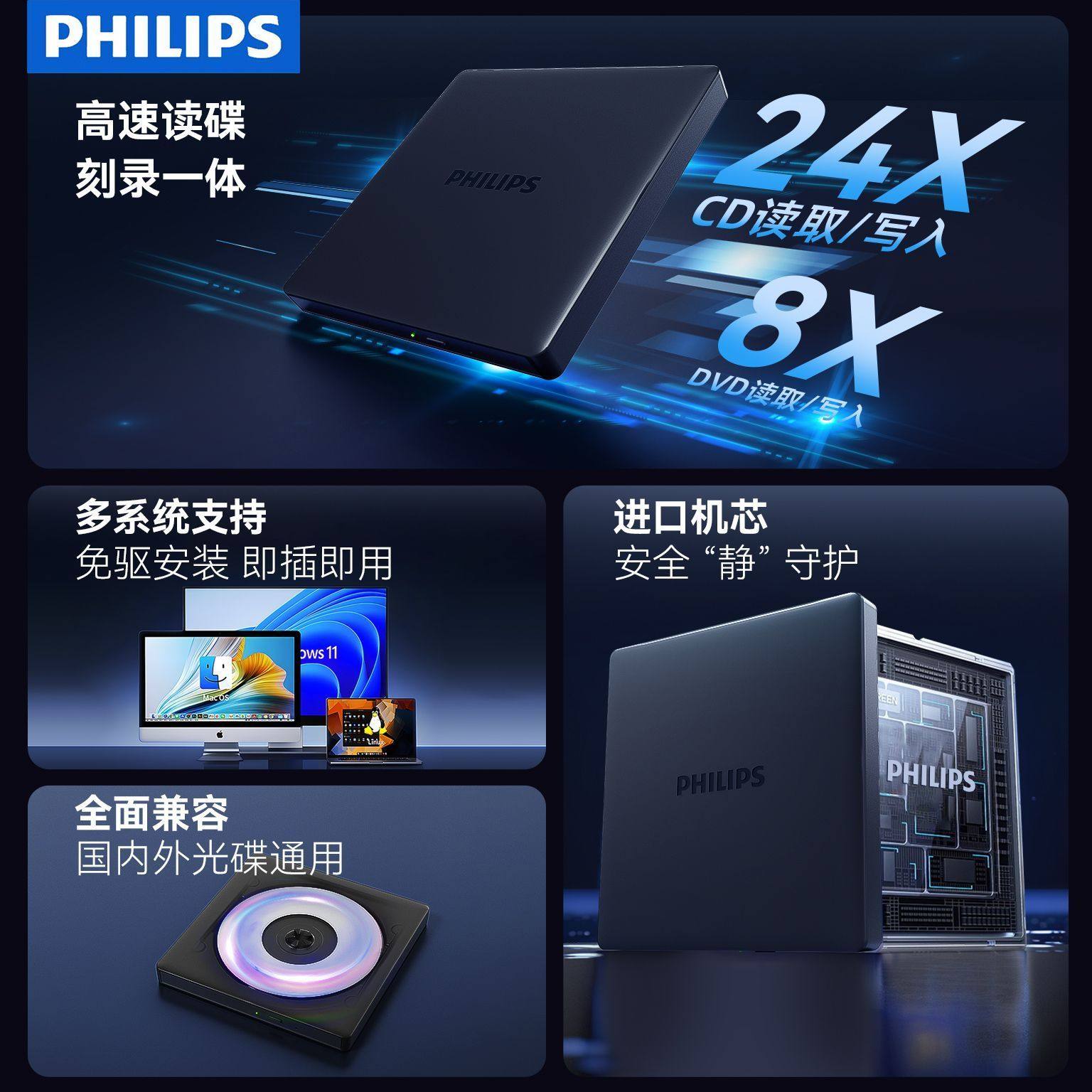 Philips External Optical Drive External Burner Dvd/Cd Disc High-Speed Desktop Computer Laptop USB Universal