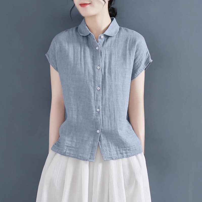 Short-Sleeved Shirt for Women, Summer Pure Cotton, Round Neck, Stylish Design, Loose Fit, Small Flutter Sleeves, Cotton-Linen Shirt, Plus Size Linen Top, Trendy