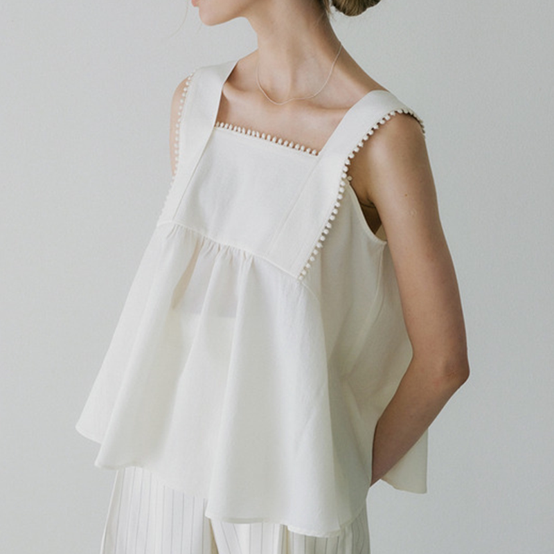 French-Style Gentle and Pure Loose-Fitting Off-Shoulder Design White Lace-Trimmed Loose Camisole Top