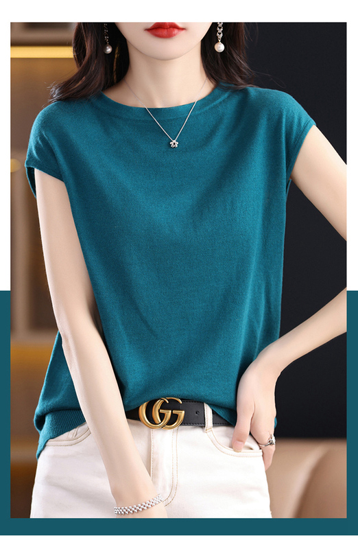 Summer Pure Cashmere Short-Sleeved Women's Thin Knitted Wool Sweater Round Neck Loose-Fitting Half-Sleeved Slimming Versatile T-Shirt