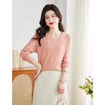 2024 spring new style western style V-neck bottoming shirt long-sleeved knitted womens Korean style western style shirt loose top