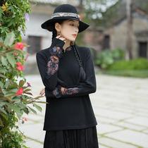 2024 spring new ethnic style womens Chinese style retro stand-up collar heavy industry embroidered long-sleeved T-shirt womens bottoming shirt cotton