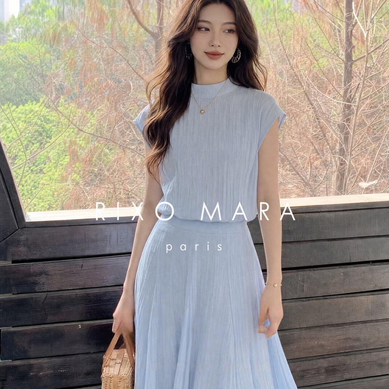 Rixo Mara2026 Super Trendy Outfit, a Complete Set of Korean-Style Super Stylish Blue Top and Skirt Two-Piece Set