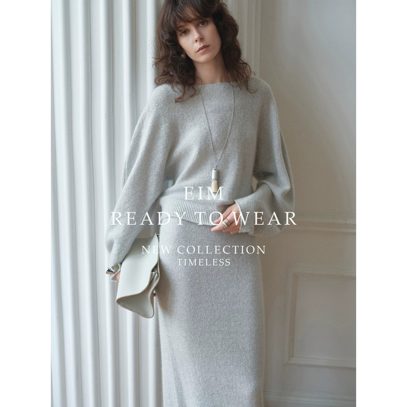 Eim "Sheep Wool Knit Two-Piece Set" Lazy Off-The-Shoulder Batwing Sleeve Top/High-Waisted Skirt Set for Women