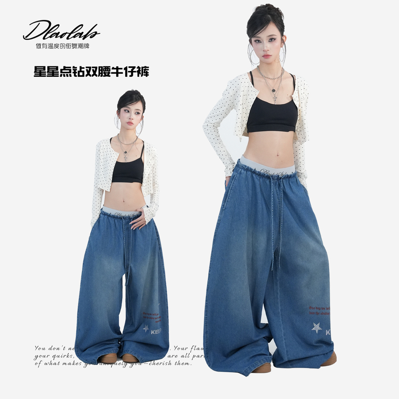 Original Hip-Hop Streetwear Brand's "Star-Studded Double Waist Jeans" High-Waisted American-Style Washed Vintage Jazz9716 Original Hip-Hop Streetwear Brand's "Star-Studded Double Waist Jeans" High-Waisted American-Style Washed Vintage Jazz9716