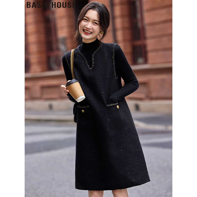 Basic House/Baijiahao Mid-Length Black Wool Sequin Woolen V-Neck Vest Dress for Women in Autumn and Winter