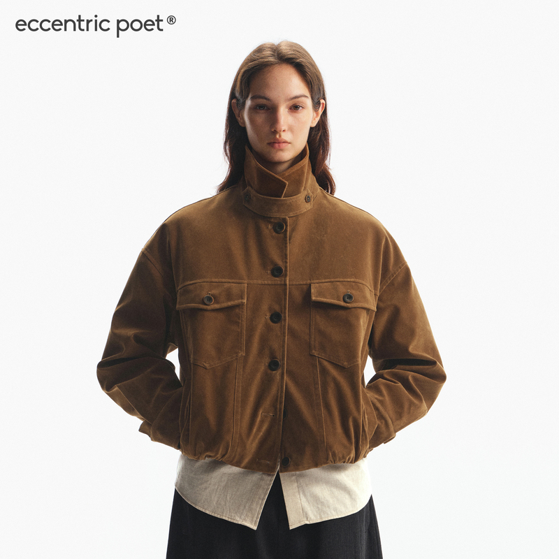 Eccentric Poet Suede Tendon-Trimmed Hem Lapel Loose Quilted Cotton Jacket