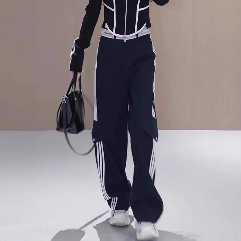 American-Style Striped Casual Cargo Pants for Women, 2025 Summer New Style, Pear-Shaped Body, Plus Size, Slimming Straight-Leg Wide-Leg Pants