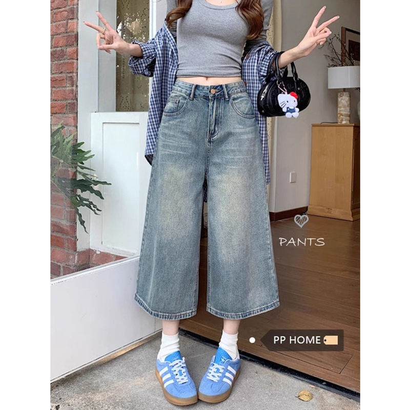 American Retro High-Waisted Wide-Leg Jeans for Petite and Plus-Size Women, Loose and Slimming Cropped Jeans for Spring and Summer