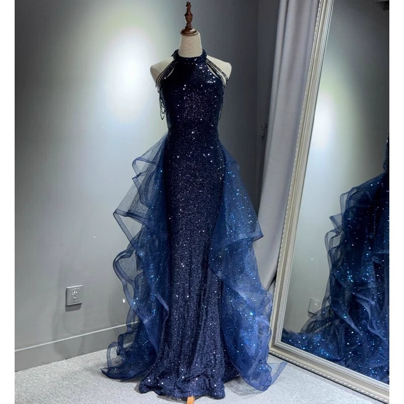 Blue Evening Dress, High-End Light Luxury, Niche, for Presenters, Birthdays, Coming-Of-Age Ceremonies, Vocal Arts Exams, Violin Performances Blue Evening Dress, High-End Light Luxury, Niche, for Presenters, Birthdays, Coming-Of-Age Ceremonies, Vocal Arts Exams, Violin Performances