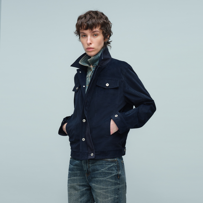 Slight Vogue｜Navy Blue Indigo Corduroy Curved Placket Type3 Work Jacket