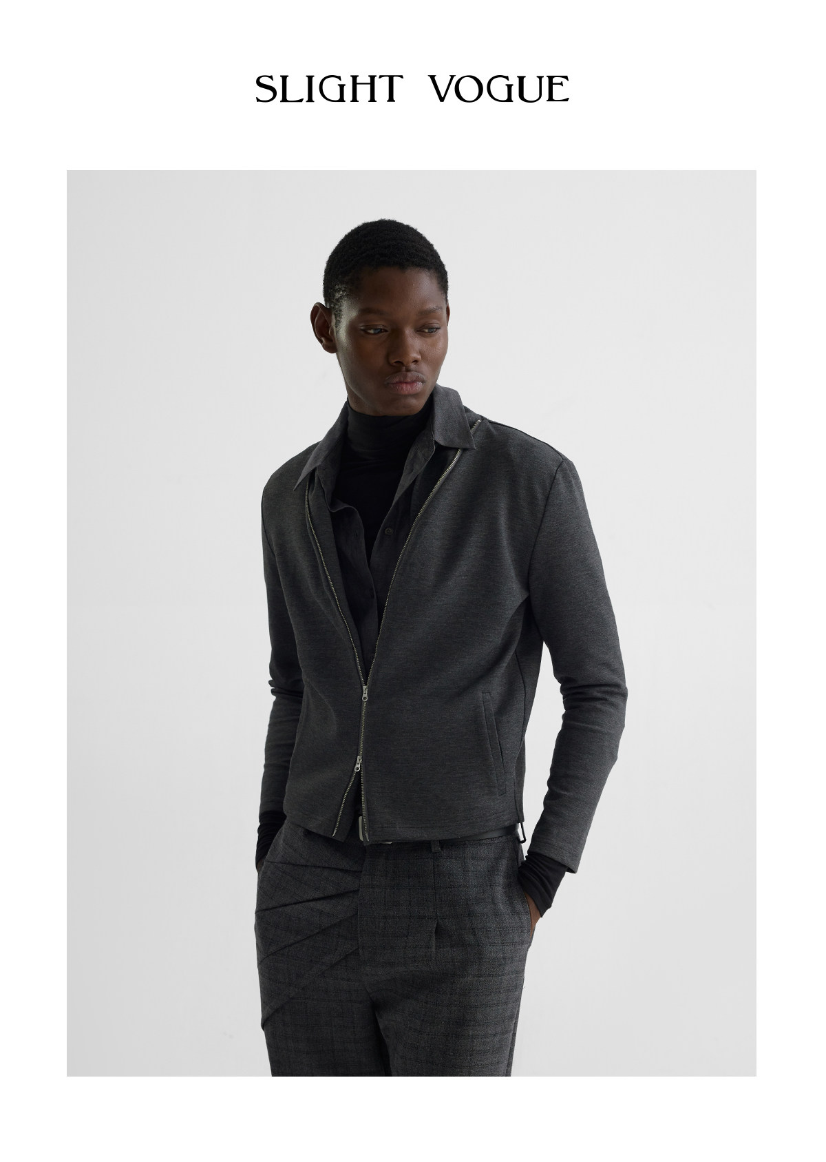 Slight Vogue Light Gray Shawl-Collar Zip Sweatshirt Jacket