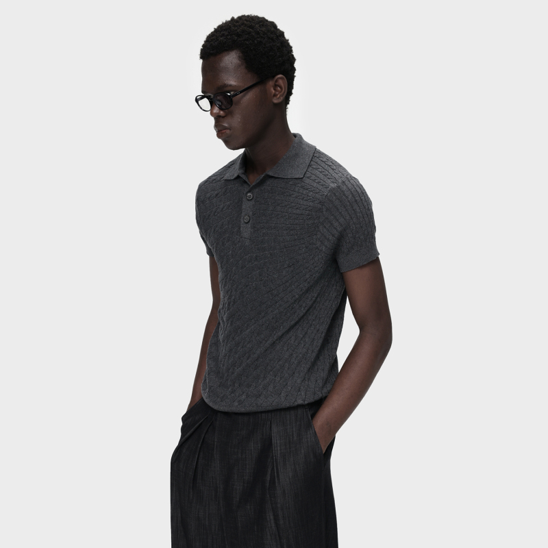 Slight Vogue丨Thin Wool Loose-Fitting Heather Gray Cable Knit Soft-Touch Short-Sleeve Polo Knit Sweater