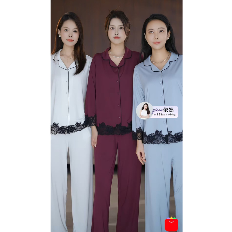 [Still a Top Pick] Cloud-Like Softness, Skin-Friendly, Contrasting Color, Hollow Lace, Turn-Down Collar Home Pajama Set
