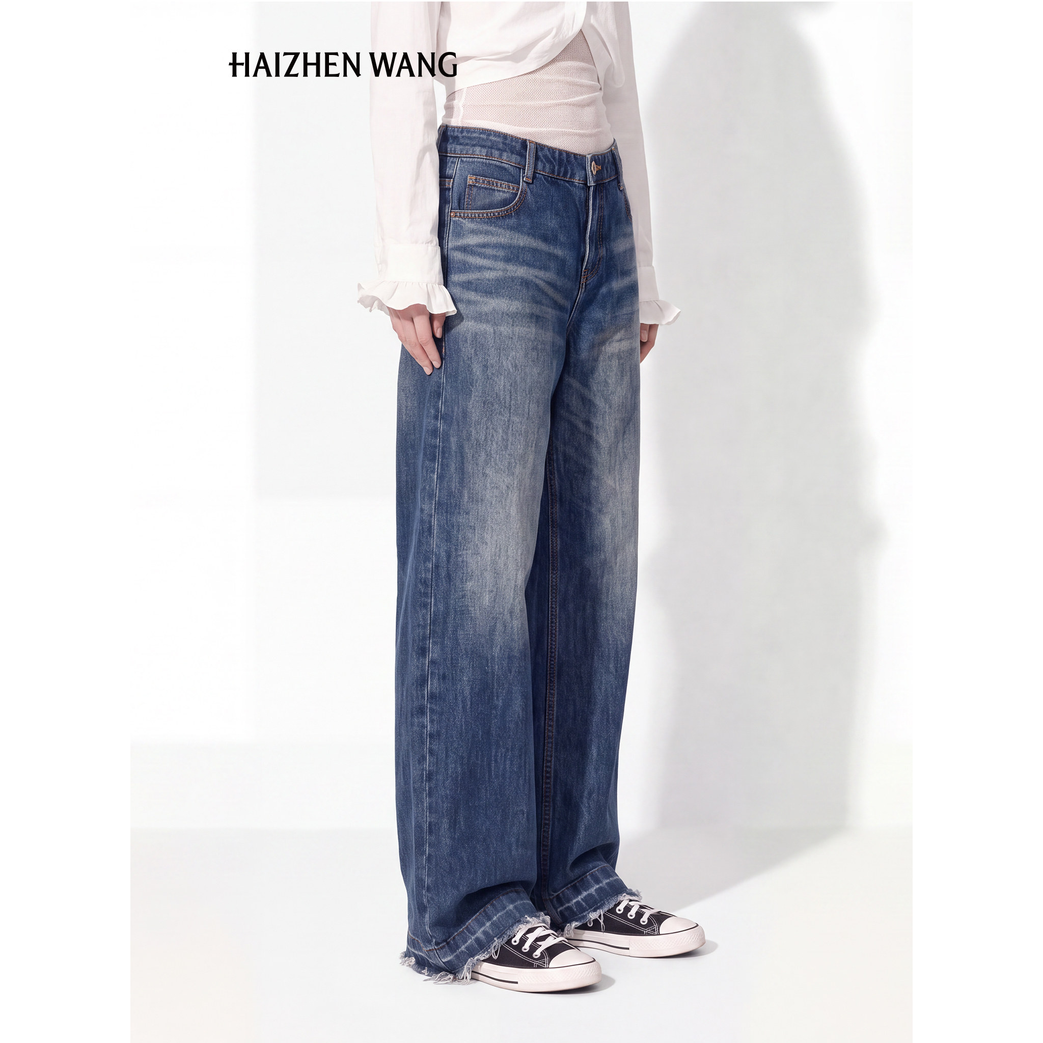 Haizhenwang 【ดีไซน์ออริจินอล】กางเกงยีนส์ขาบาน ผ้าซักดูแล้วมีรอยขีดข่วน สไตล์วินเทจ Hz264078