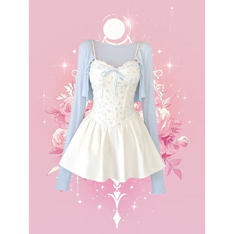 French-Style Floral Fishbone Suspender Dress, Light Blue Mesh Sun-Protective Cardigan, Sweet Girl's Waist-Cinching Puffy Skirt Two-Piece Set