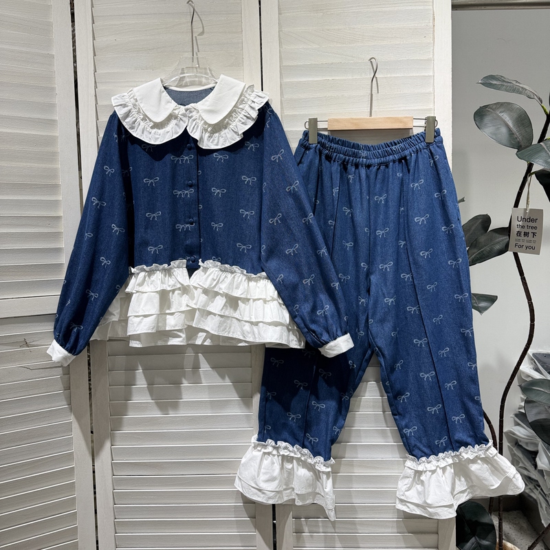 Japanese-Style Original Kirikomi Polka Dot Ruffled Denim Shirt/Denim Flared Lace Pants D