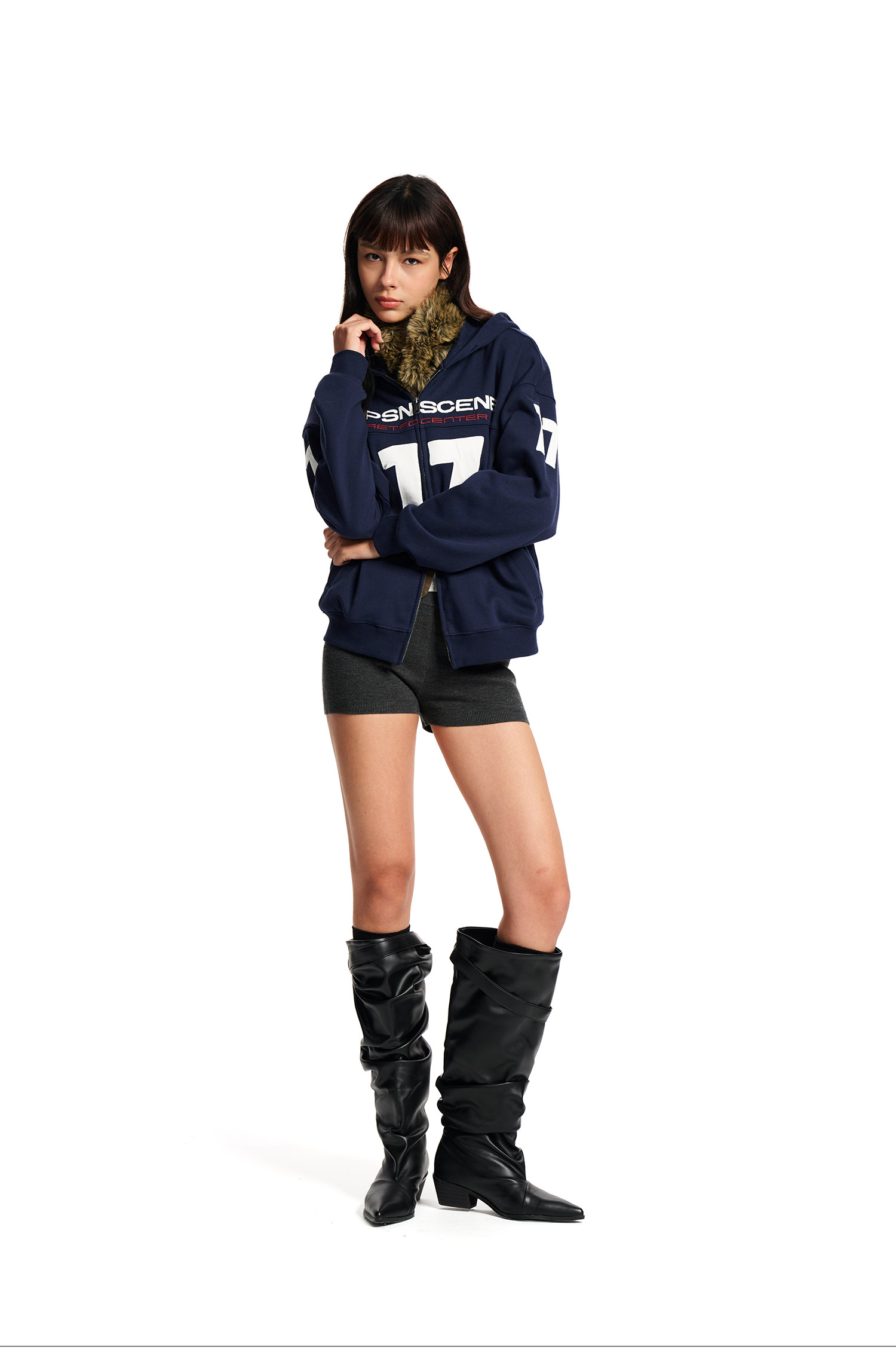 Loopsoon Number Patch Hooded Zip-Up Hoodie