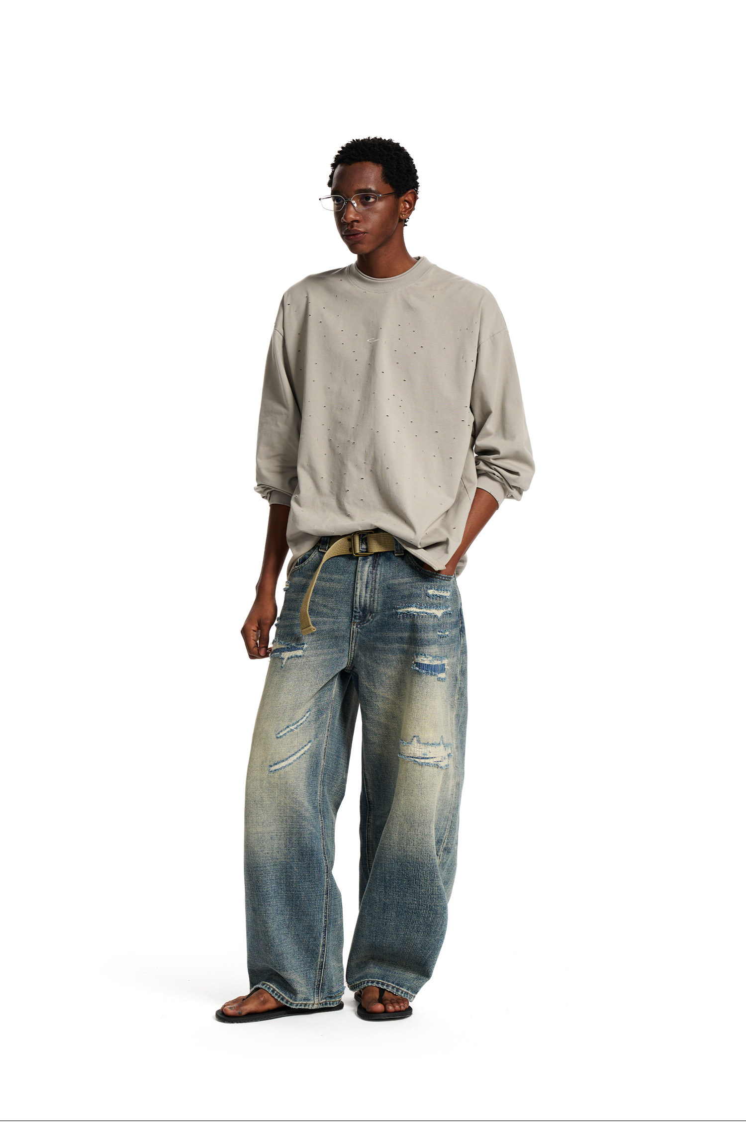Loopsoon Distressed Loose Long-Sleeve Tee
