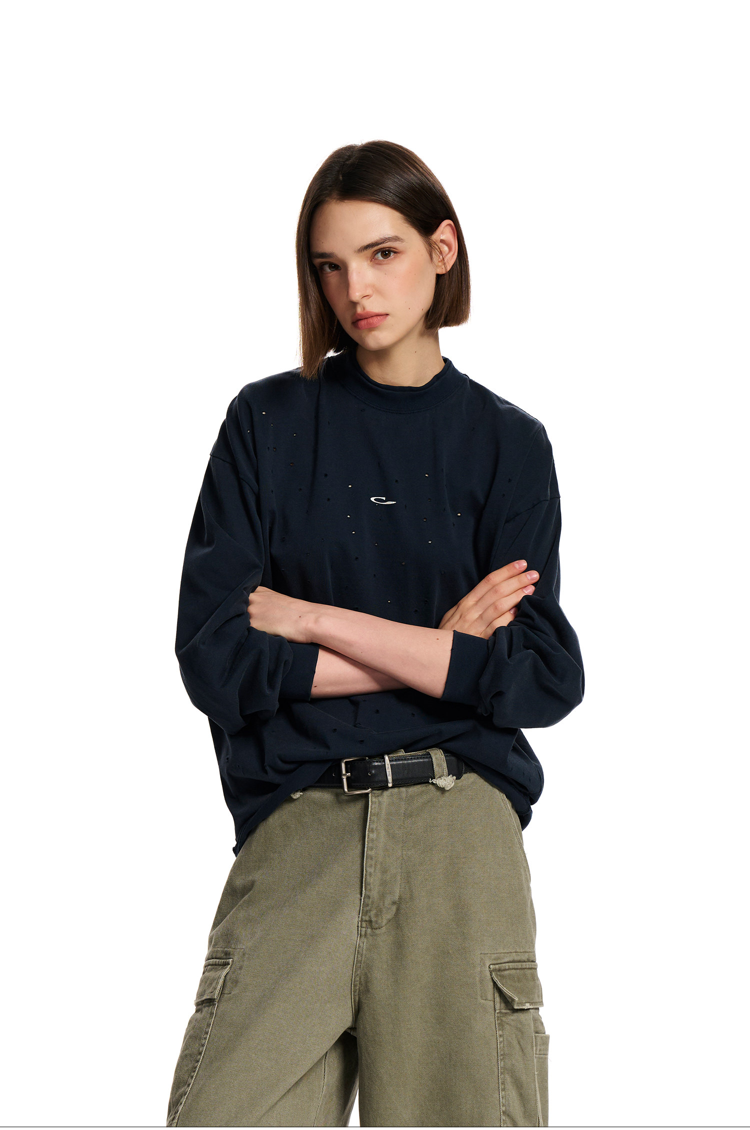 Loopsoon Distressed Loose Long-Sleeve Tee