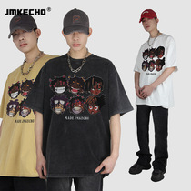 JMKECHO American Tide Card Hip Hop singer Comic Printed Washed short sleeve T-shirt street trend lenient male and female