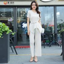 Miyake pleated summer clothes large size fat t-shirts fashionable casual suits womens age-reducing wear wide-leg pants two-piece set