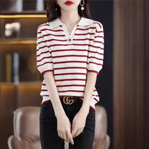 Pure cotton short-sleeved striped POLO collar new summer bottoming shirt for women sweet style short loose slimming top