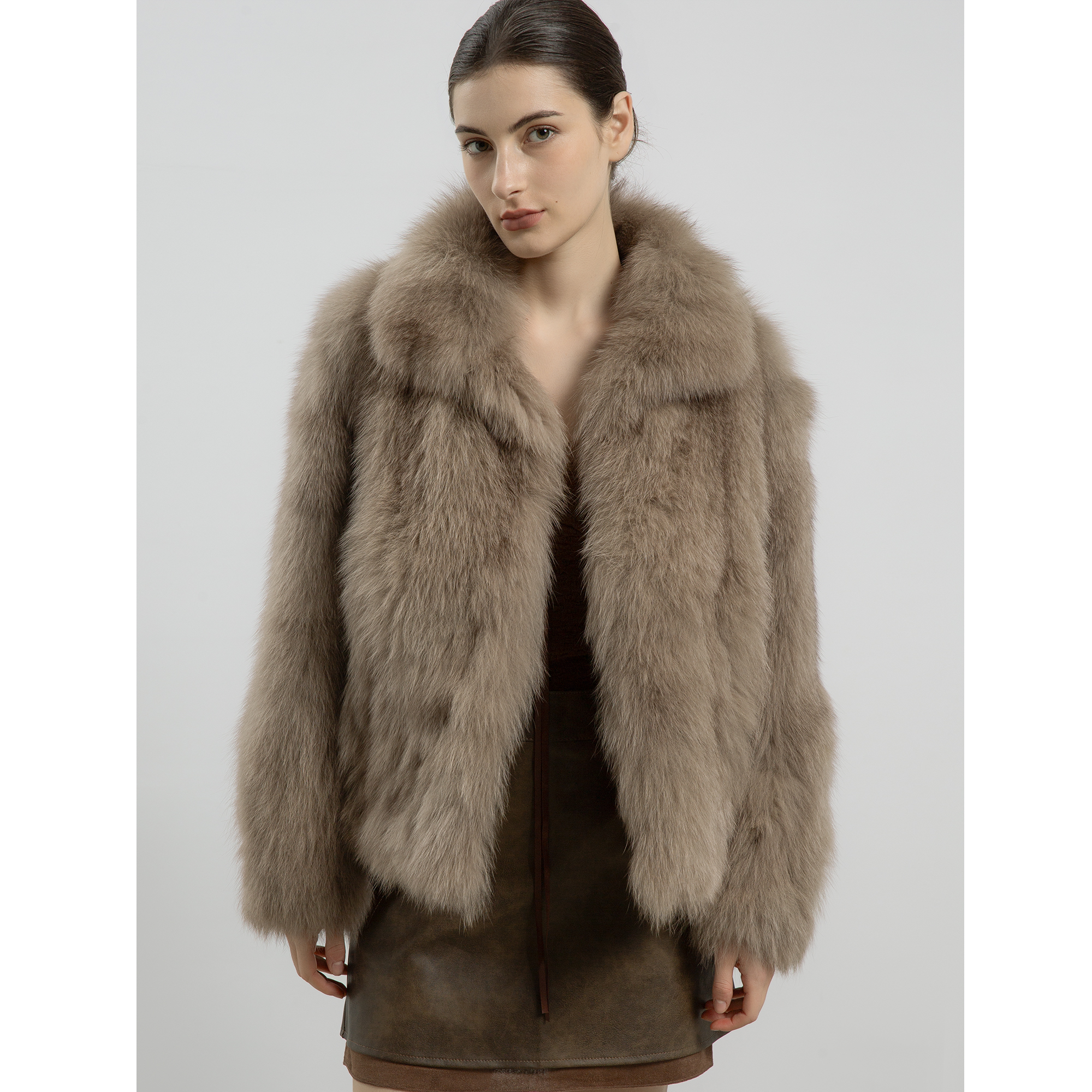 Mashi Embrace Temperature フィンランド産フォックスファーコート レディース ホールレザー ベリーファー スタンドカラー スリムファーコート