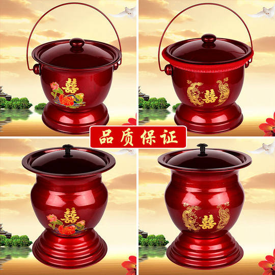 婚庆用品铁痰盂子孙桶红色高脚痰盂红色搪瓷带盖夜壶尿壶结婚陪嫁