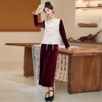 New Chinese style national style buckle dress 2024 new womens spring and autumn gold velvet vest three-piece set ZQ88007