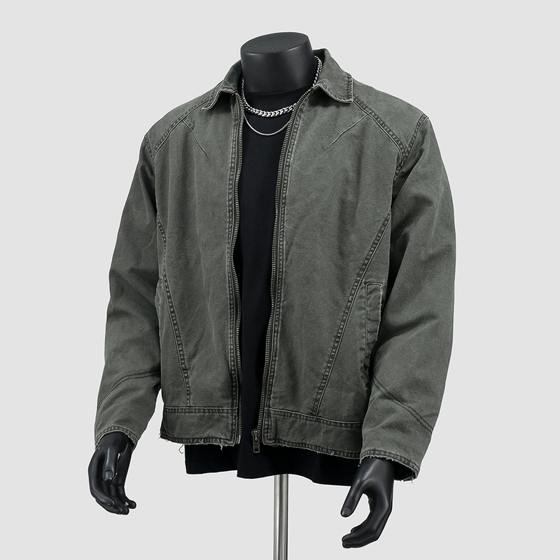 Intox / American-Style Heavy Washed Vintage Lapel Work Jacket for Men, Loose Fit, Vintage Zipper Top Coat