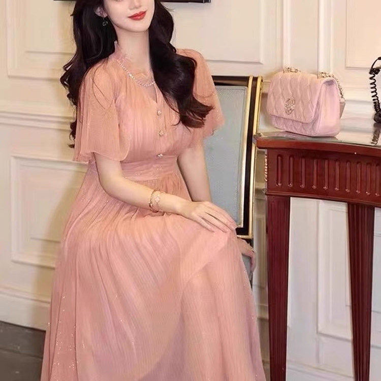 【Mulberry Silk】Kejia Mall's Same Style 2025 Summer New French-Style Glitter Chiffon Mid-Length Dress