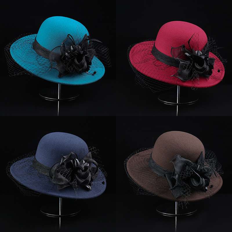 Mesh Floral Woolen Bucket Hat for Women, European and American French Hepburn Style, Vintage Elegant Temperament, Warm Felt Hat, Mom Hat