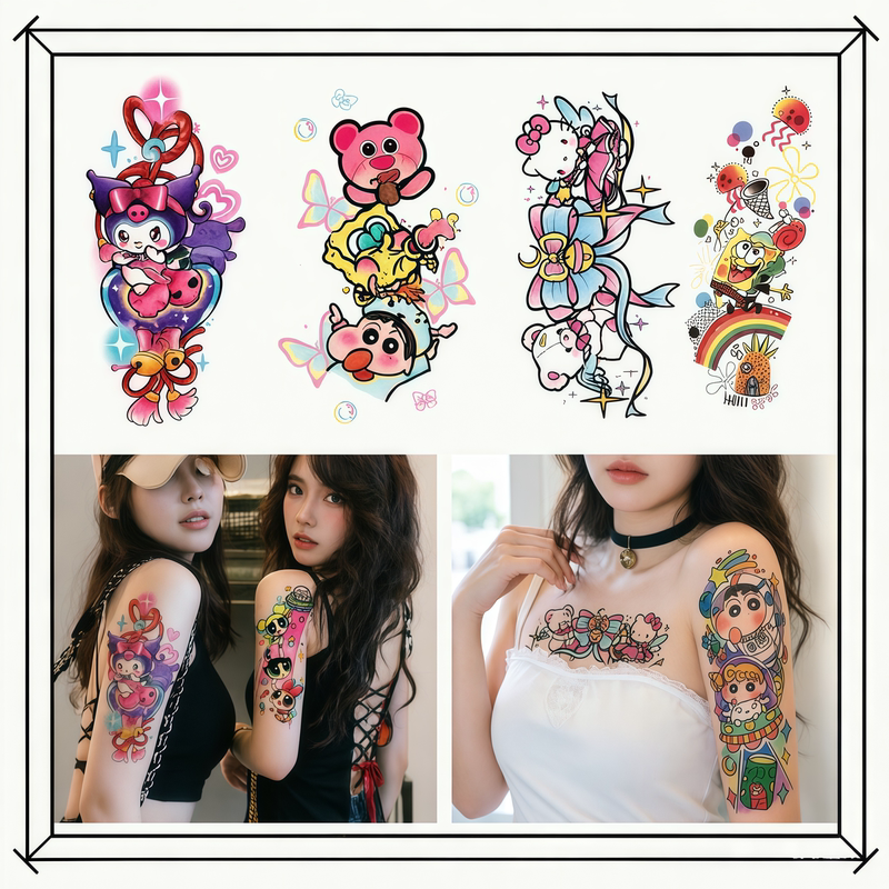 Summer Old School Cartoon Colorful Tattoo Stickers Spongebob and Crayon Shin-Chan Waterproof Durable Stickers
